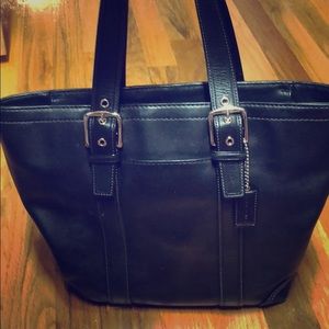 Black leather coach tote bag
